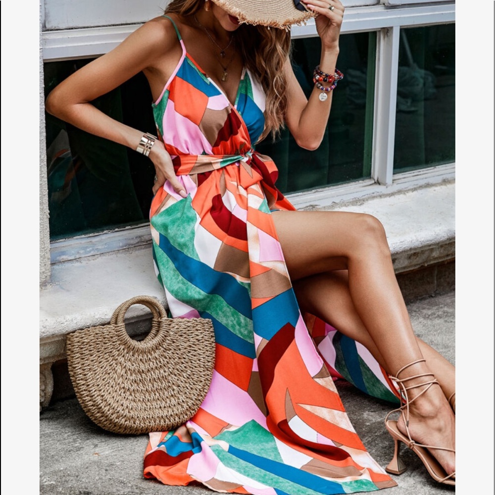 Boho Geo Abstract PatchWork Print WRAP Belted Maxi Dress